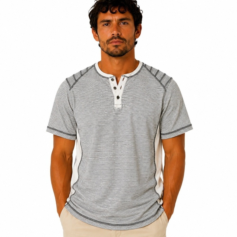 Rock & Republic Henley Shirt Mens Large White Black Striped Colorblock Short Slv